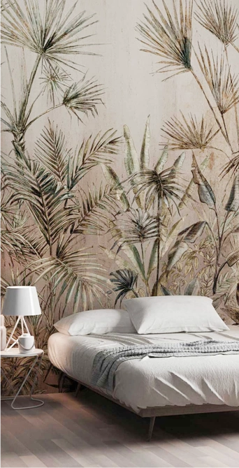 Bedroom with big mural tropical